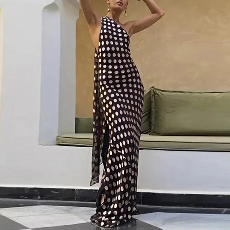 แฟชั่นแขนกุด Slim Robe ชุดใหม่ Polka Dot พิมพ์ชุดราตรีผู้หญิง Elegant Halter Hollow High เอวชุดยาว