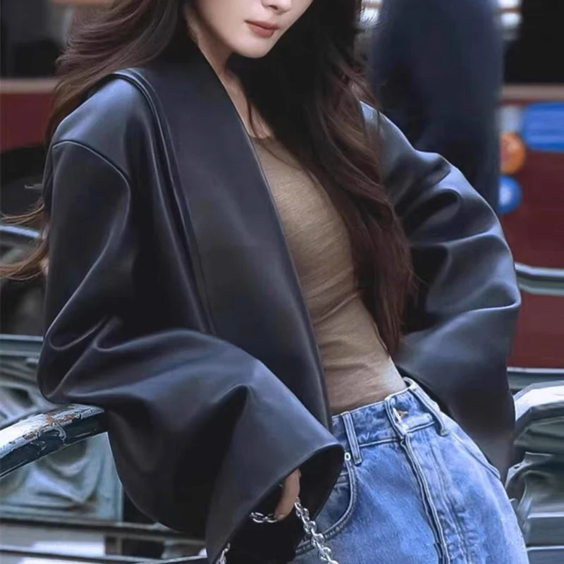 Abbigliamento in vera pelle per donna Cappotto corto con silhouette bavero Giacca da donna con palloncino in vera pelle di pecora Bomber Femme