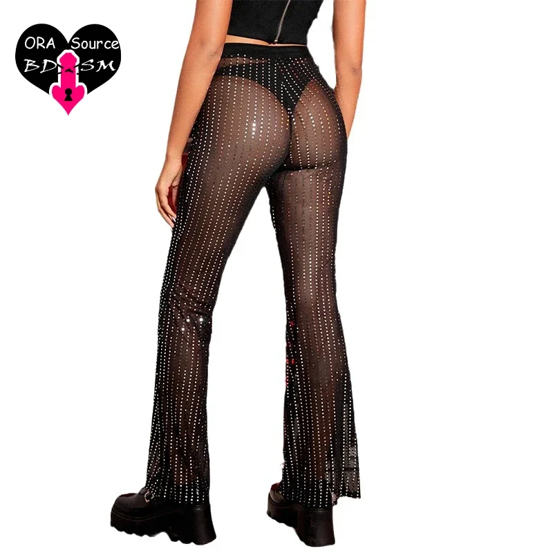 

Женские прозрачные брюки с высокой талией, сетчатые расклешенные брюки с блестками, привлекательные Дышащие Модные женские сетчатые брюки