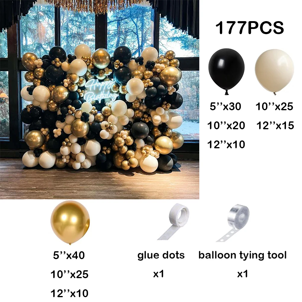 177Pcs Black Metallic Gold Balloon Arch Wedding Sand White Balloons Garland Kit Graduation New Year Birthday Party Decorations