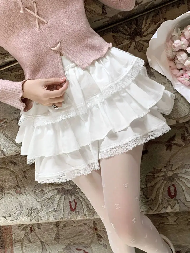 Japanese Lolita Girls Ball Gown Sweet Cute Fluffy White Lace Skirt Shorts Tiered Ruffle Safety Skirt for Cottagecore Outfits Y2K