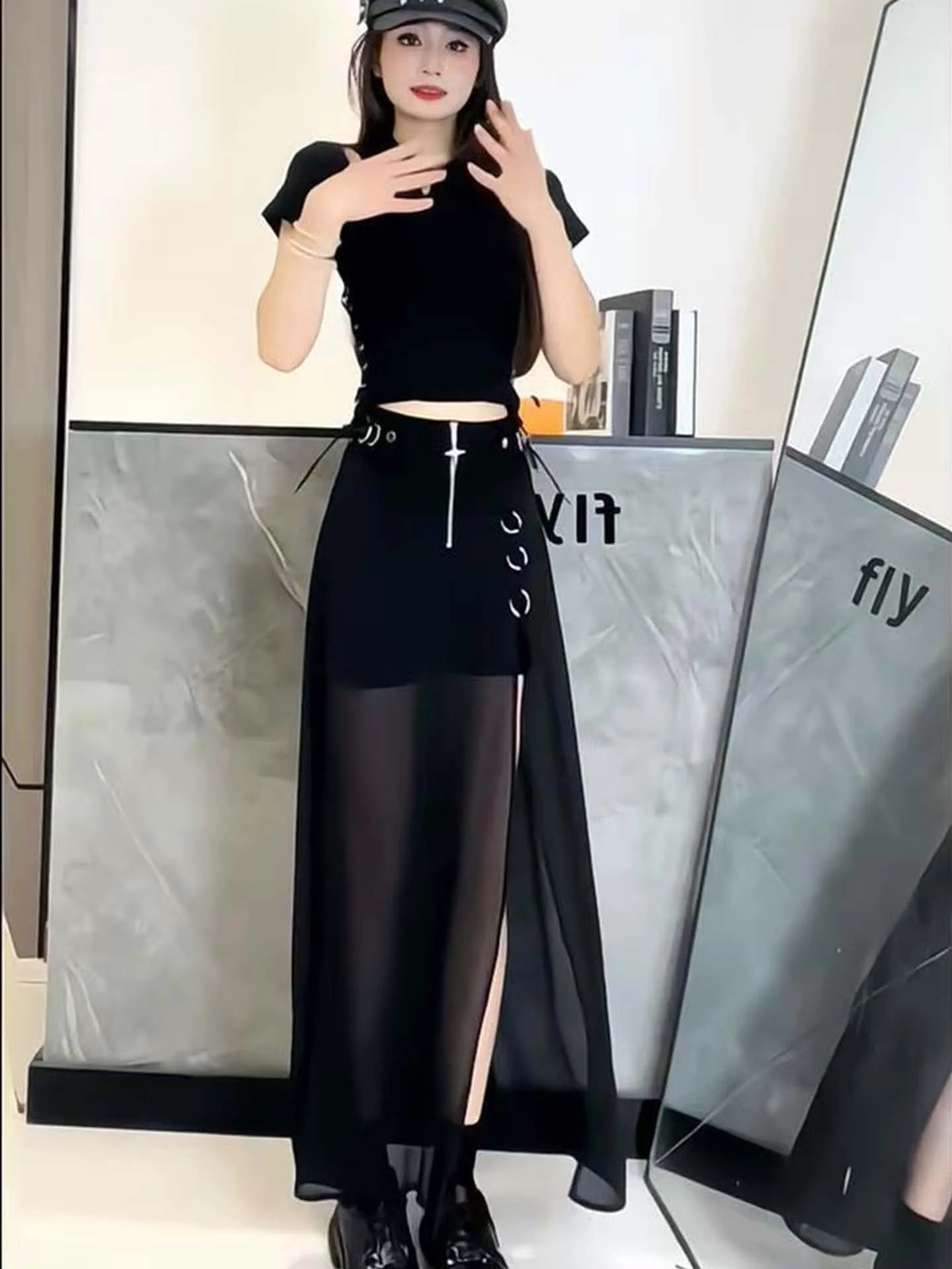 

Юбка с высокой талией из шифона и прозрачных вставок для женщин, новая весенняя коллекция, длинная юбка А-силуэта, уникальный дизайн с эффектом прозрачности