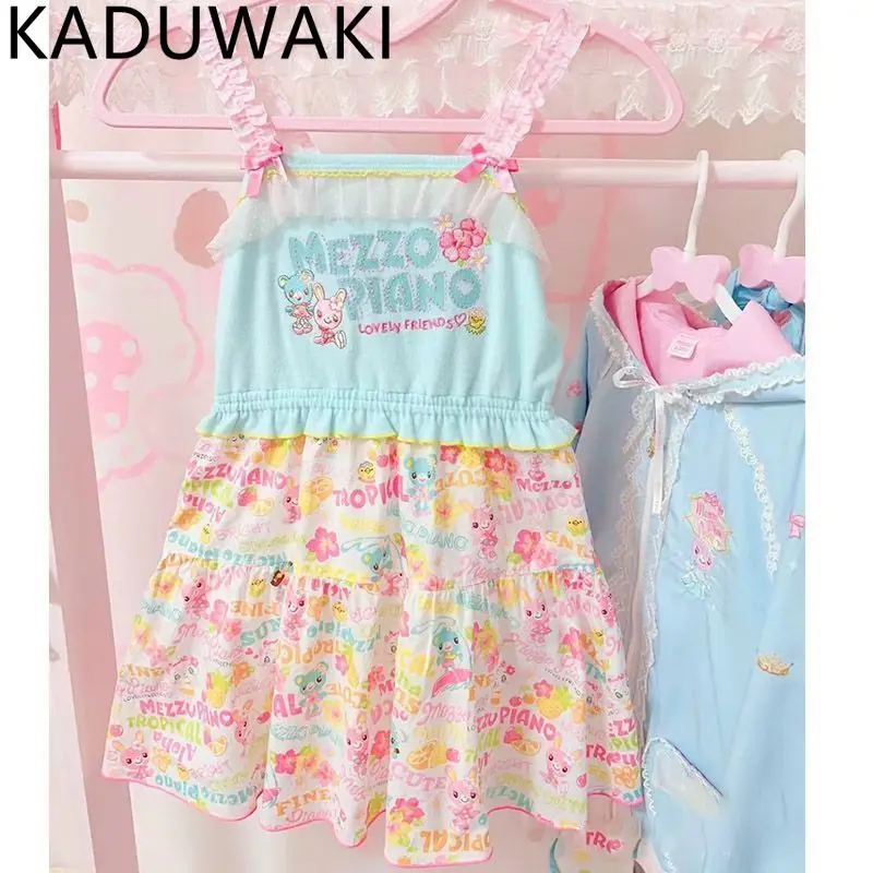 

Japanese Contrst Color Patchwork Cartoon Print Slip Dress Y2k Aesthetic Kawaii Bow Fungus A-line Mini Robe Summer Chic Vestidos