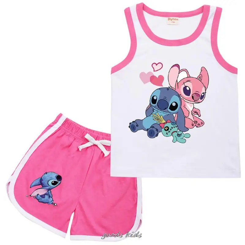 Children Lilo And Stitch Tracksuit Summer Kids Clothes Boy Sleeveless Tops + Shorts Suit Fashion Girls Vest 1-15 Year Old