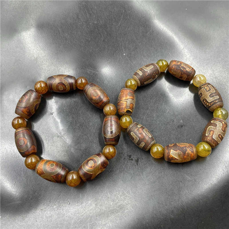 

Винтажный тибетский браслет из бусин Дзи с тремя глазами и узором, из старинного агата.