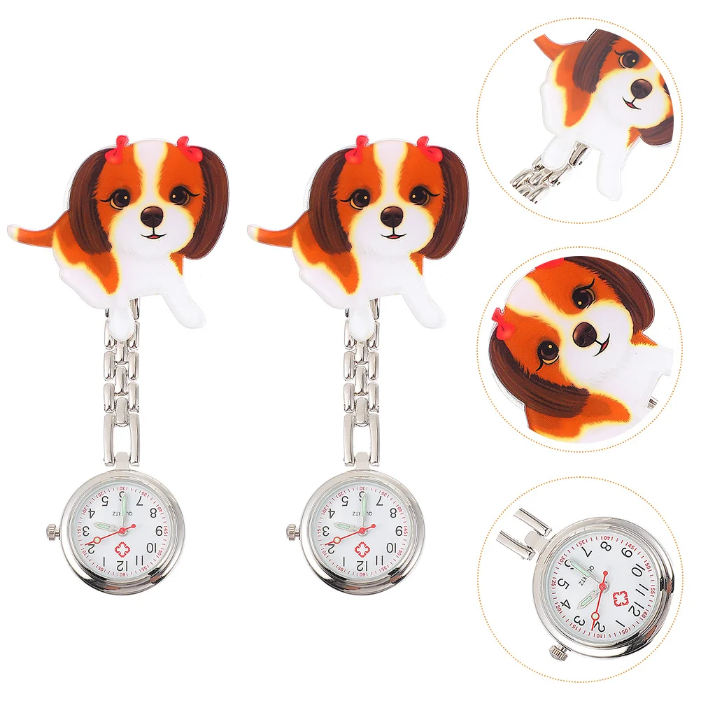 

2Pcs Cartoon Little Dog Hanging Nurse Pocket Watch Cute Retractable Chain Practical Durable Nursing Chest Watch