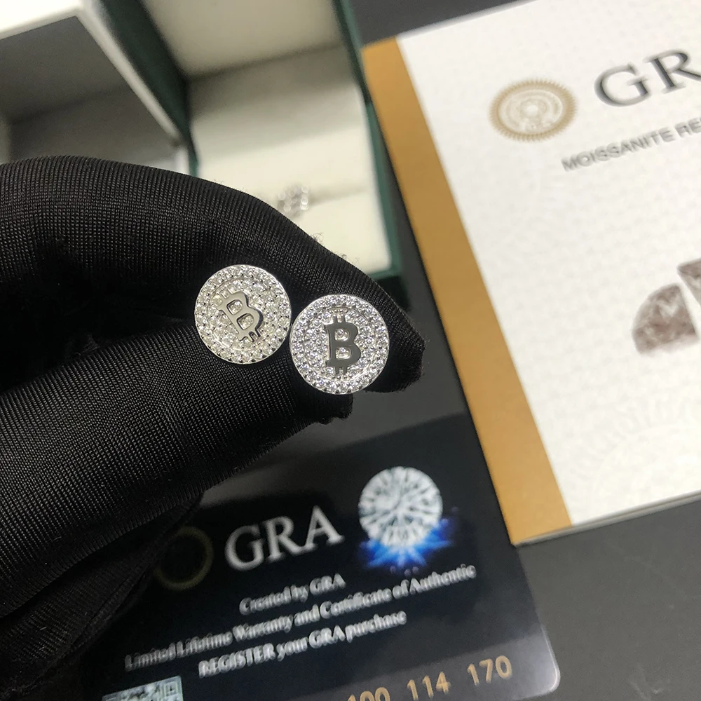 Imagem -03 - Bitcoin Moissanite Brincos S925 Prata Real Diamante Orelha Studs para Mulheres Masculino Jóias Pass Tester Vem com Gra