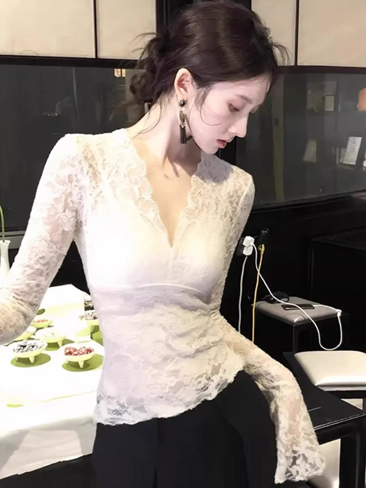 

Ele Lace V-ne Base irt Women's Slim Fit Beautiful Top Breathable Casual Sle Long Sve ort Length Polyester Fiber