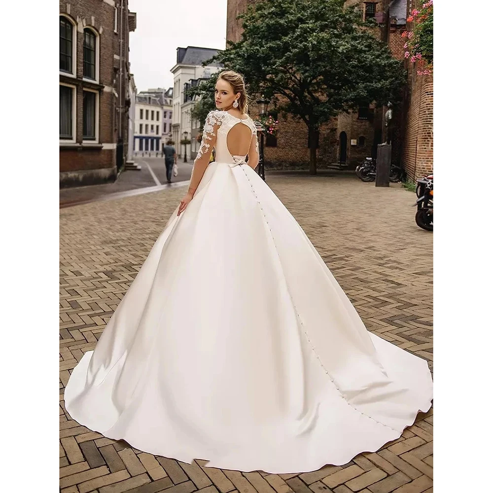 Simple Satin Wedding Dresses O Neck Long Sleeve A Line Bridal Gown Lace Appliques Open Back Princess Bride Dress Customized