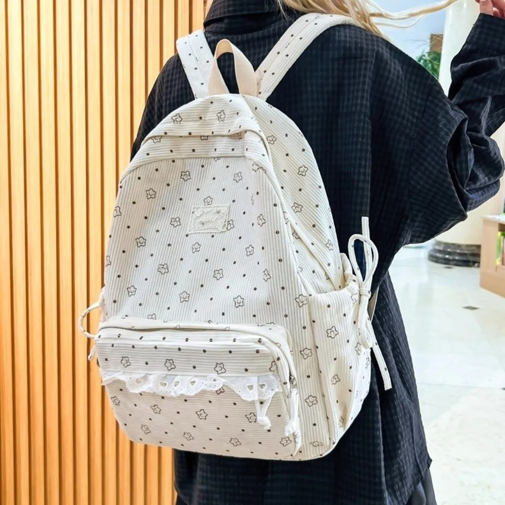 Corduroy Material Corduroy Backpack Lace Floral Print Polka Dot Print Student Backpack Aesthetic Design Korean Style