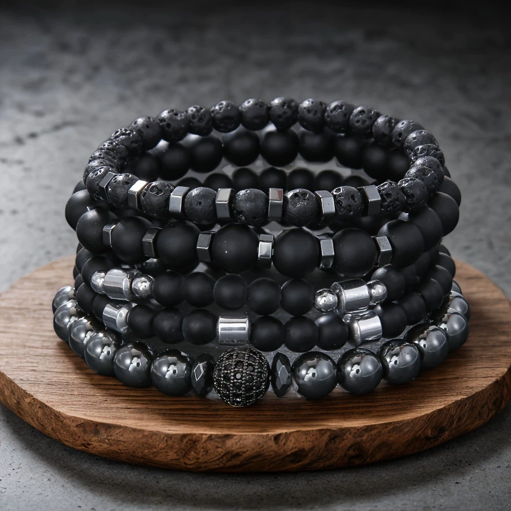 5 قطعة سوار الخرز الأسود مجموعة للرجال مكعب الزركون الكرة سحر الطبيعية ماتي الحمم البركانية حجر مطرز سلسلة الإسورة الذكور مجوهرات بسيطة #2