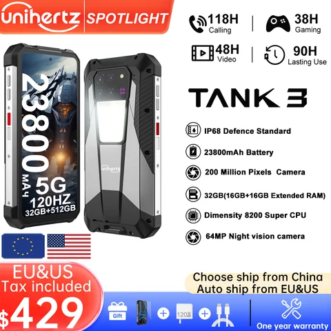 8849 견고한 스마트폰, Unihertz 탱크 3, 치수 8200 5G 휴대폰, 120Hz 휴대폰, 32GB, 512GB, 23800mAh, 120W 충전기