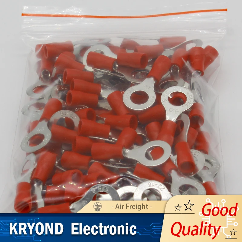 

100 шт. RV1.25-6 красный изолированный кольцевой клеммный разъем 22-16 AWG 0,5-1,5 мм2 кабельный разъем RV1-6 RV