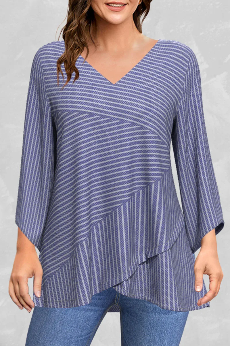 Plus Size Casual Striped Print V Neck Asymmetric Hem Blouse