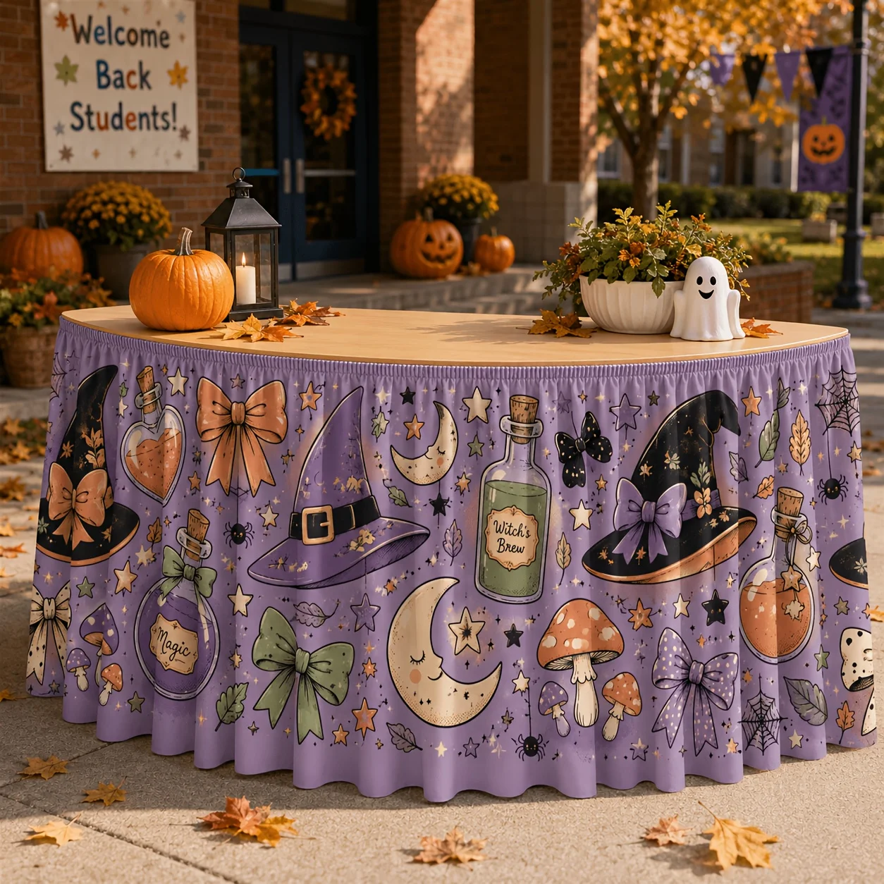 1 piece of 2D flat banner - table flag and table skirt, cute witch-themed Halloween table skirt, including witch hatzyc