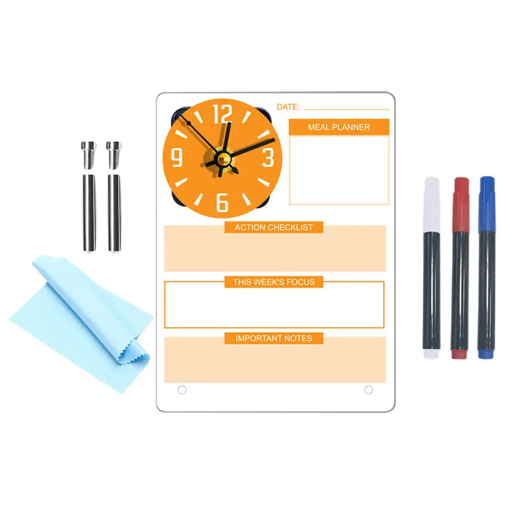 1Set Acrylic Desktop Dry Erase Board with Built-in Wall Clock Stylish Minimalist Planner Memo Board for Home Office Study Desk