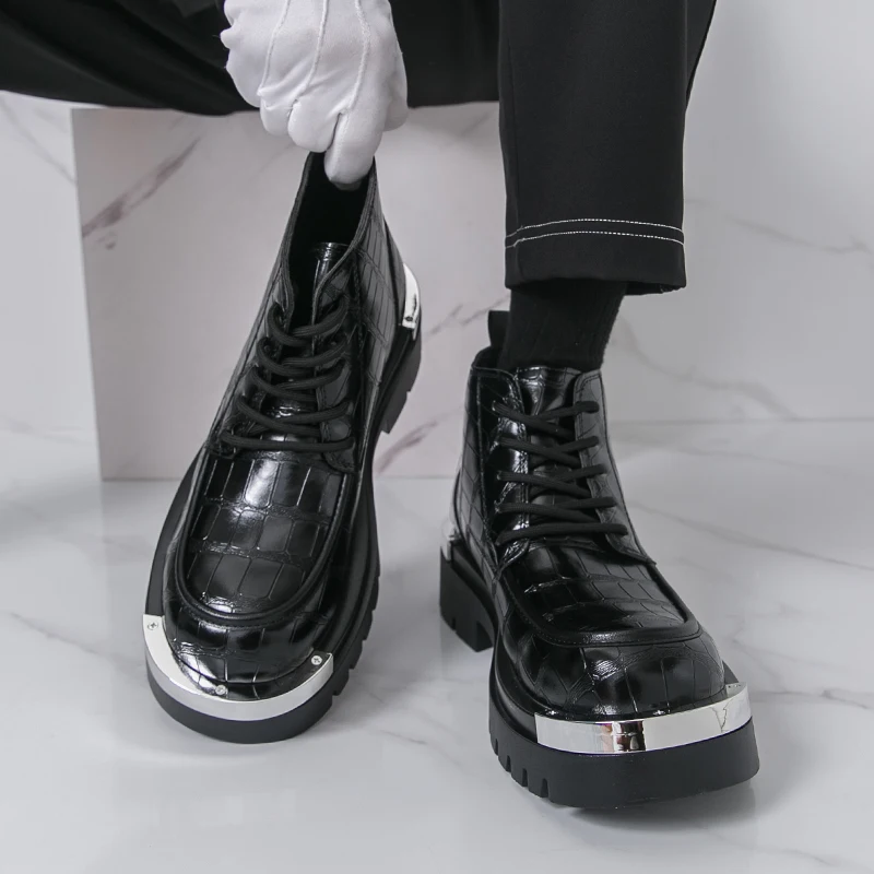 

Fashion Brand Mens Autumn Comfortable Lace Up High Top Leather Boots British Style Men Thick Soled Non Slip Casual Leather Shoes