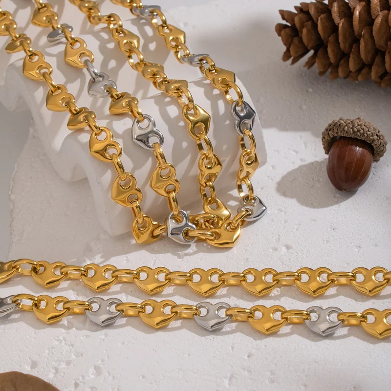 أزياء القلب خنزير الأنف مشبك الفولاذ المقاوم للصدأ قلادة سوار فراغ تصفيح الراقية سلسلة الاحتفاظ بالألوان للنساء