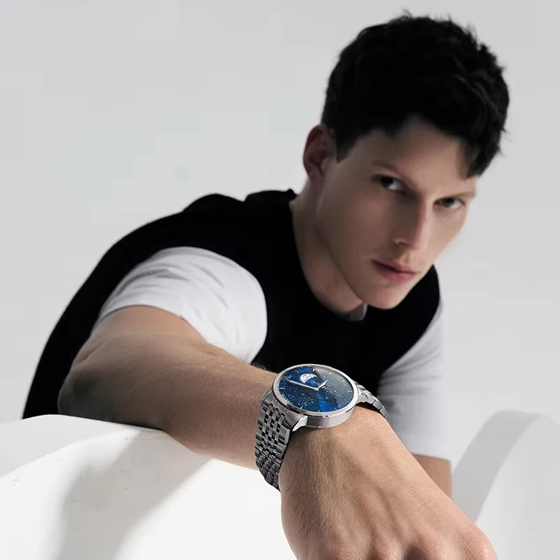 AGELOCER Orologio da uomo Dress Blue Moon Phase Orologio da polso meccanico automatico di lusso alla moda in acciaio inossidabile