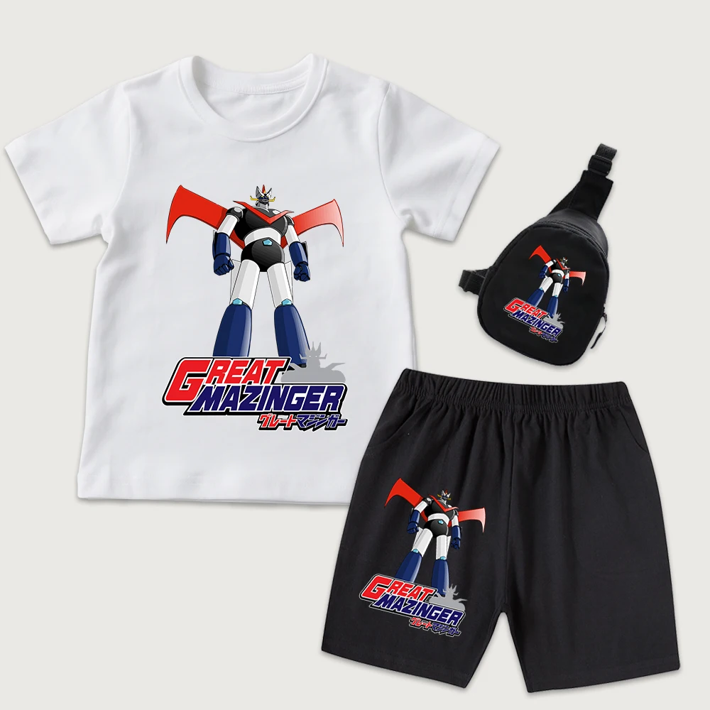 Mazinger Z Anime Print Kids Cotton T Shirt Shorts Mini Chest Bag 3 Piece Set for Boys Girls Casual Summer Outfit