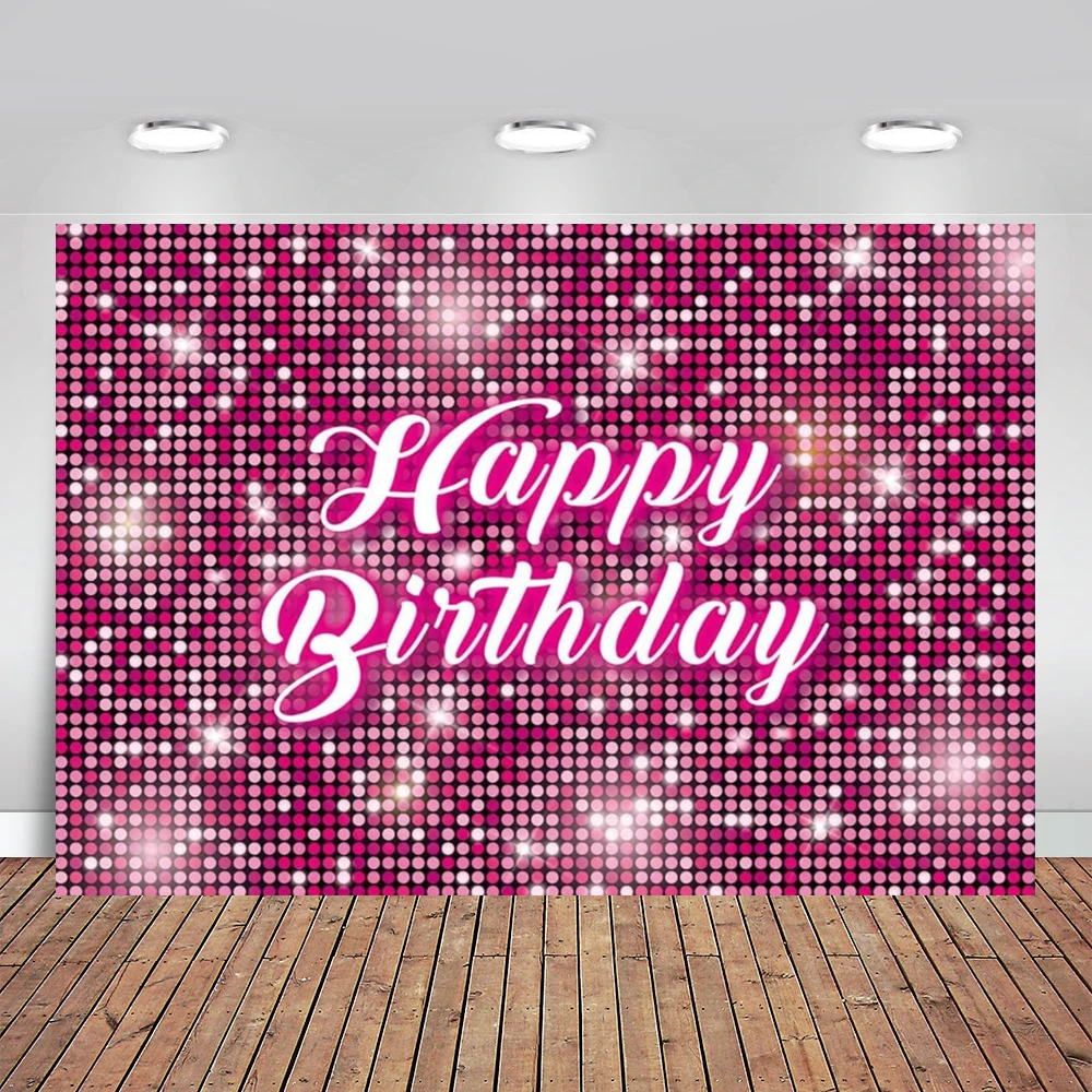 Pink Flash Square Wall Backdrop Happy Birthday Sequin Shimmer Photography Backdrop for Girl Woman Sweet Birthday Party Banner