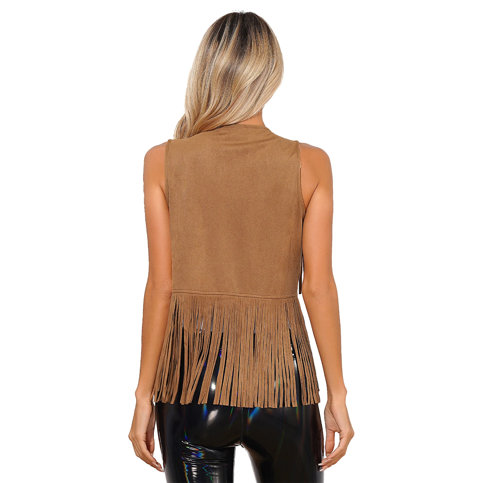 Womens Rave Party Clubwear Faux Suede Tassel Vest Fashion Rivets Fringe Waistcoat Open Front Sleeveless Jacket