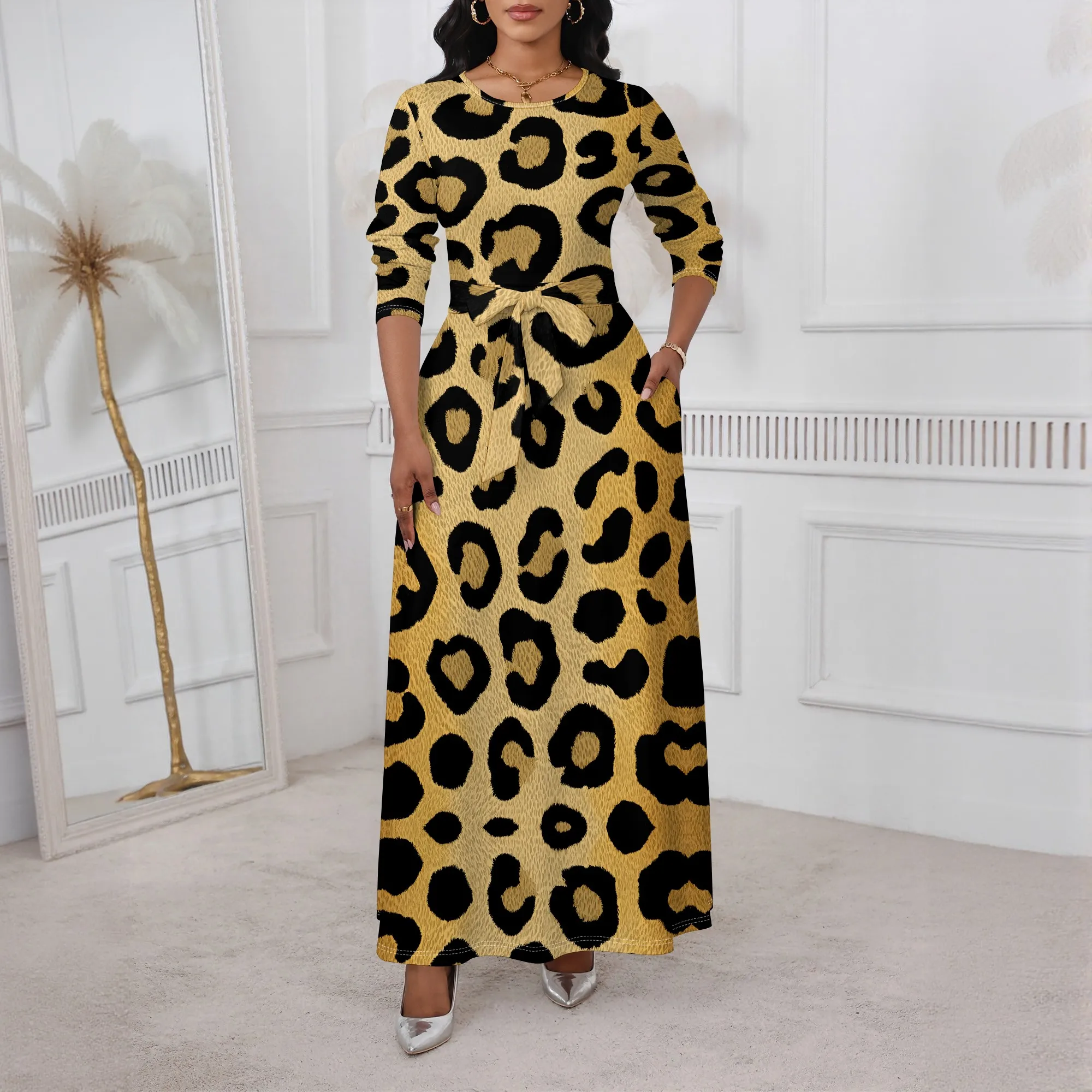 

Leopard Print Maxi Dress XS-3XL Long Sleeve Belted Crew Neck Style for Streetwear, Cultural Party or Holiday Night Out Look