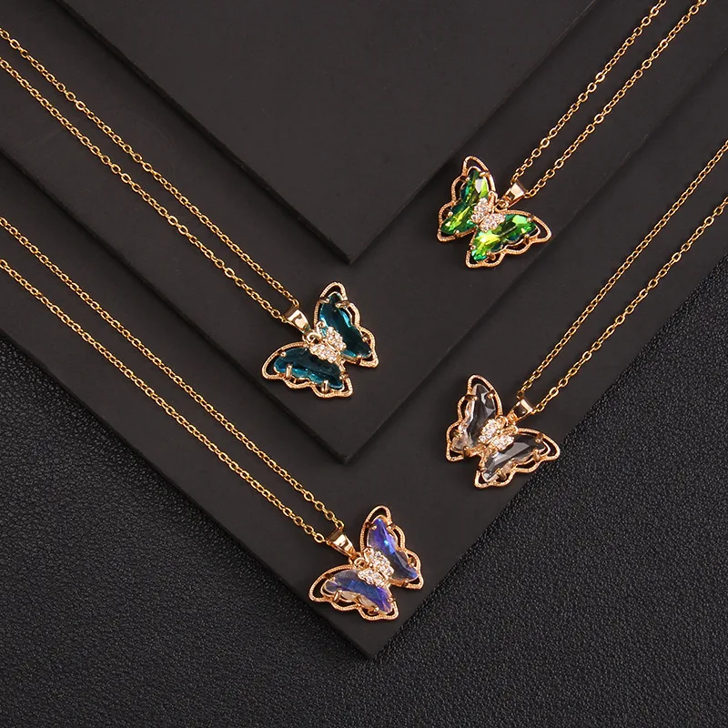 8pcs Crystal Rhinestone Butterfly Pendant Necklaces for Women Long Chain Animal long Necklace Jewelry Party Gift