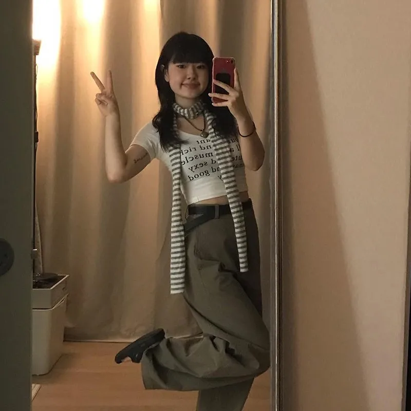 Karrram Korean Fashion Crop Tops Grunge Letter Print T-shirts Kpop Sexy Slim Short Sleeve Tee Shirts Japanese Style Streetwear