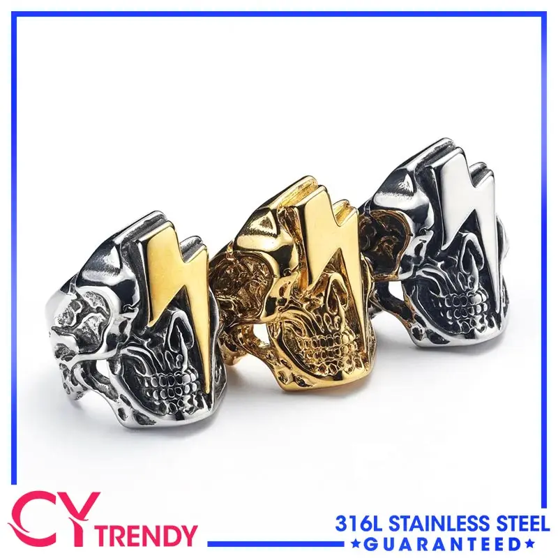 

Europunk Personalized Retro Skull Head Lightning Stainless Steel Men's Rings Size 7-13