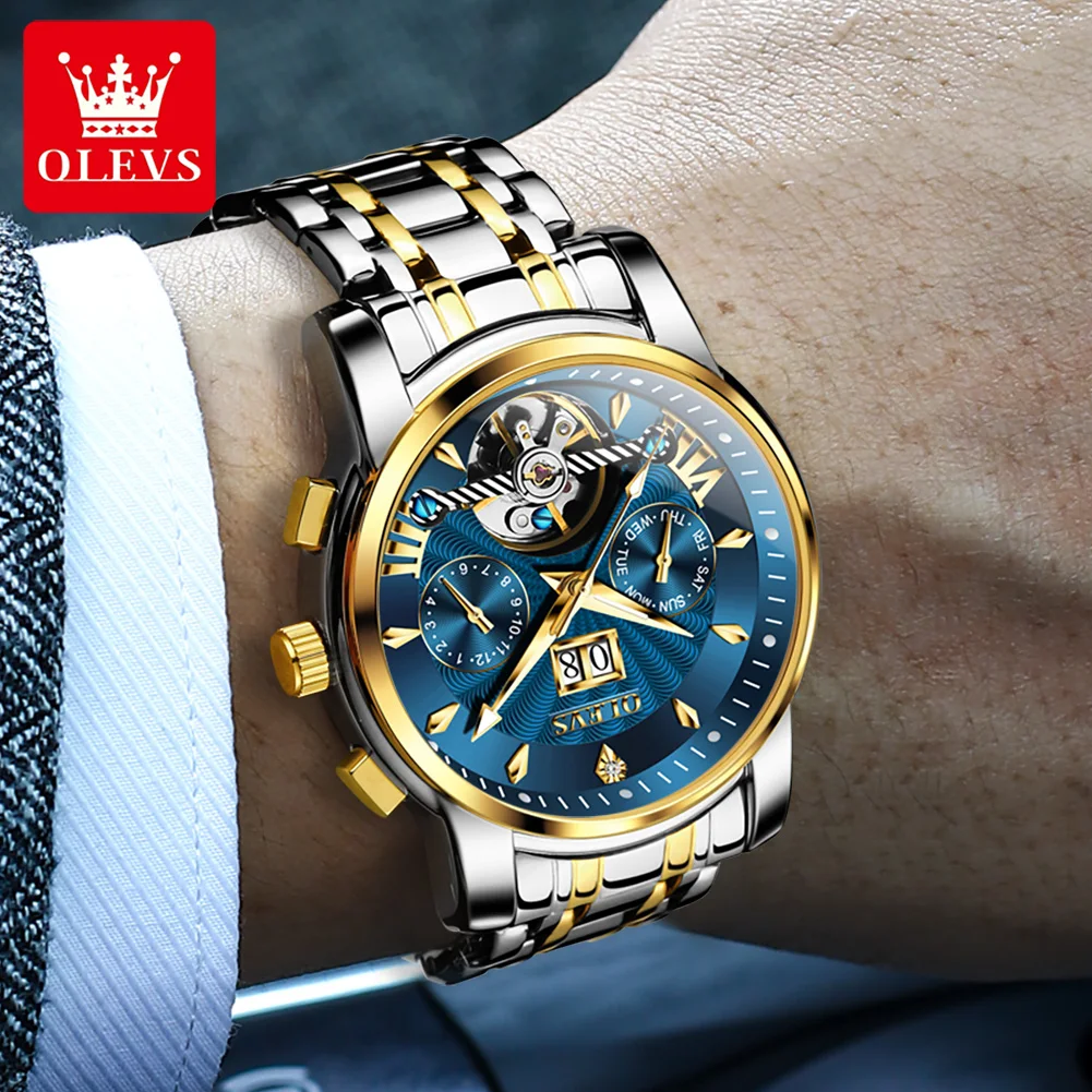 OLEVS Luxury Top Brand Watch for Men Automatic Mechanical Watches Waterproof Stainless Steel Skeleton Design Man Wristwatch