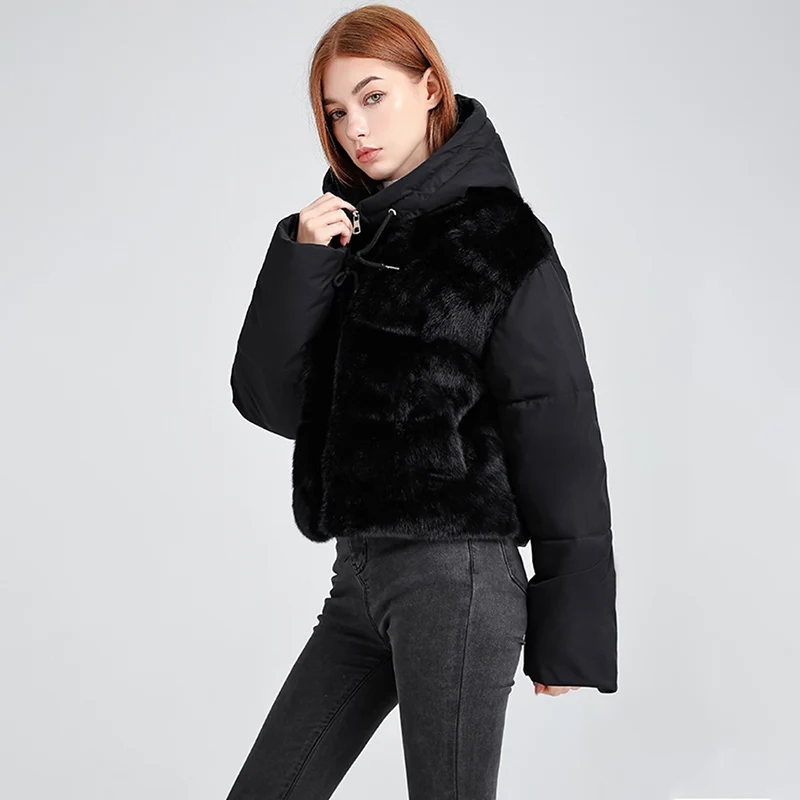 Cappotto Parka corto patchwork in peluche americano Cappotto invernale trapuntato con cappuccio tinta unita Y2K Cappotto in cotone con zip da strada chic da donna
