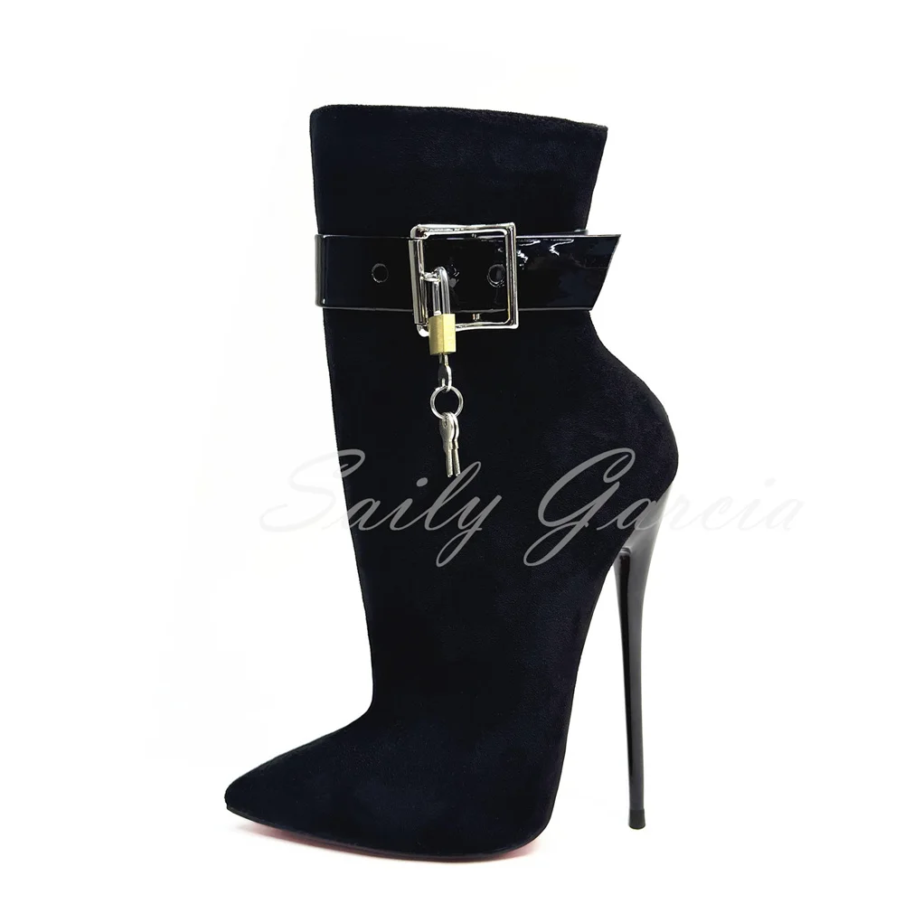 14/16cm High-Heeled Leopard Print Short Boots Spicy Girl Color Blocking Strap Lock Decor Stiletto Heel Men Party Dress Bed Shoes
