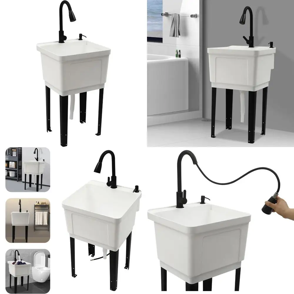 

Extra Deep Freestanding Utility Sink with High Arc Spray Faucet, Heavy Duty, Large Plastic Wash Station for Industrial Use