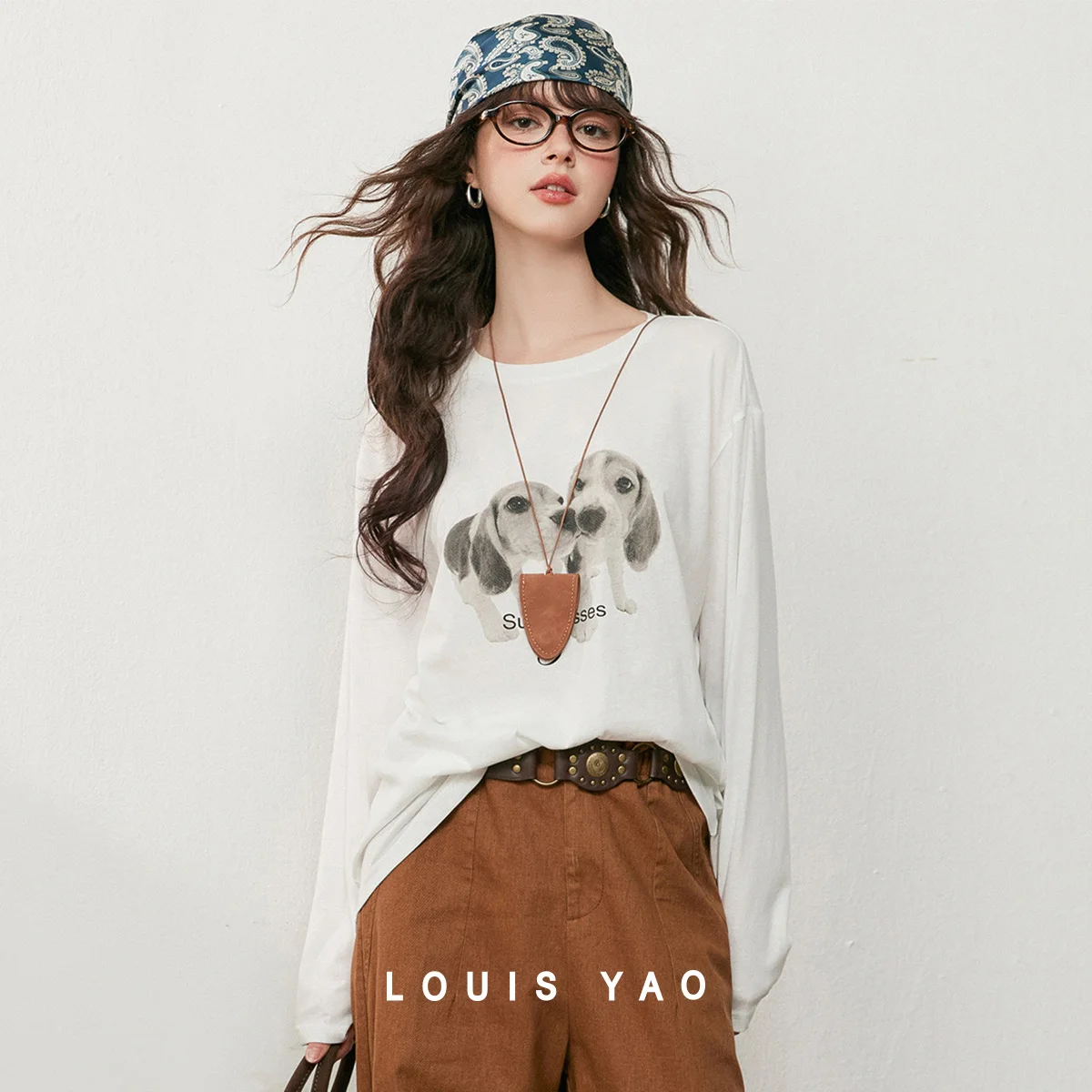 

LOUIS YAO Puppy Pattern Print Women's T-Shirt 2025 Fall/Winter Tops Fashion Long-Sleeve Slightly Stretchy Long-Sleeve Tees