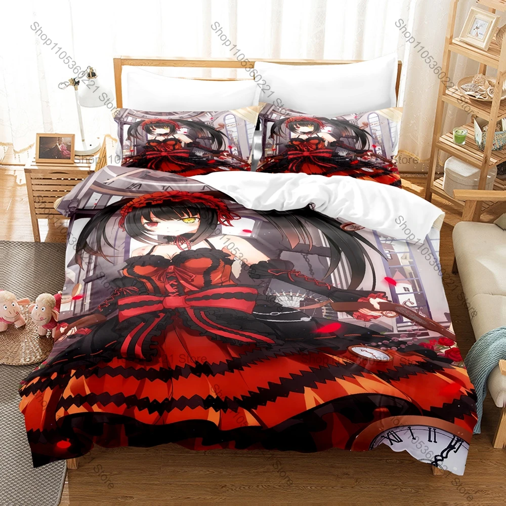Cool Date A Live Kurumi Tokisaki Black Gothic Dress Spirit Form Bedding Set Duvet Cover + 2 Pillowcases Otaku Room Decor