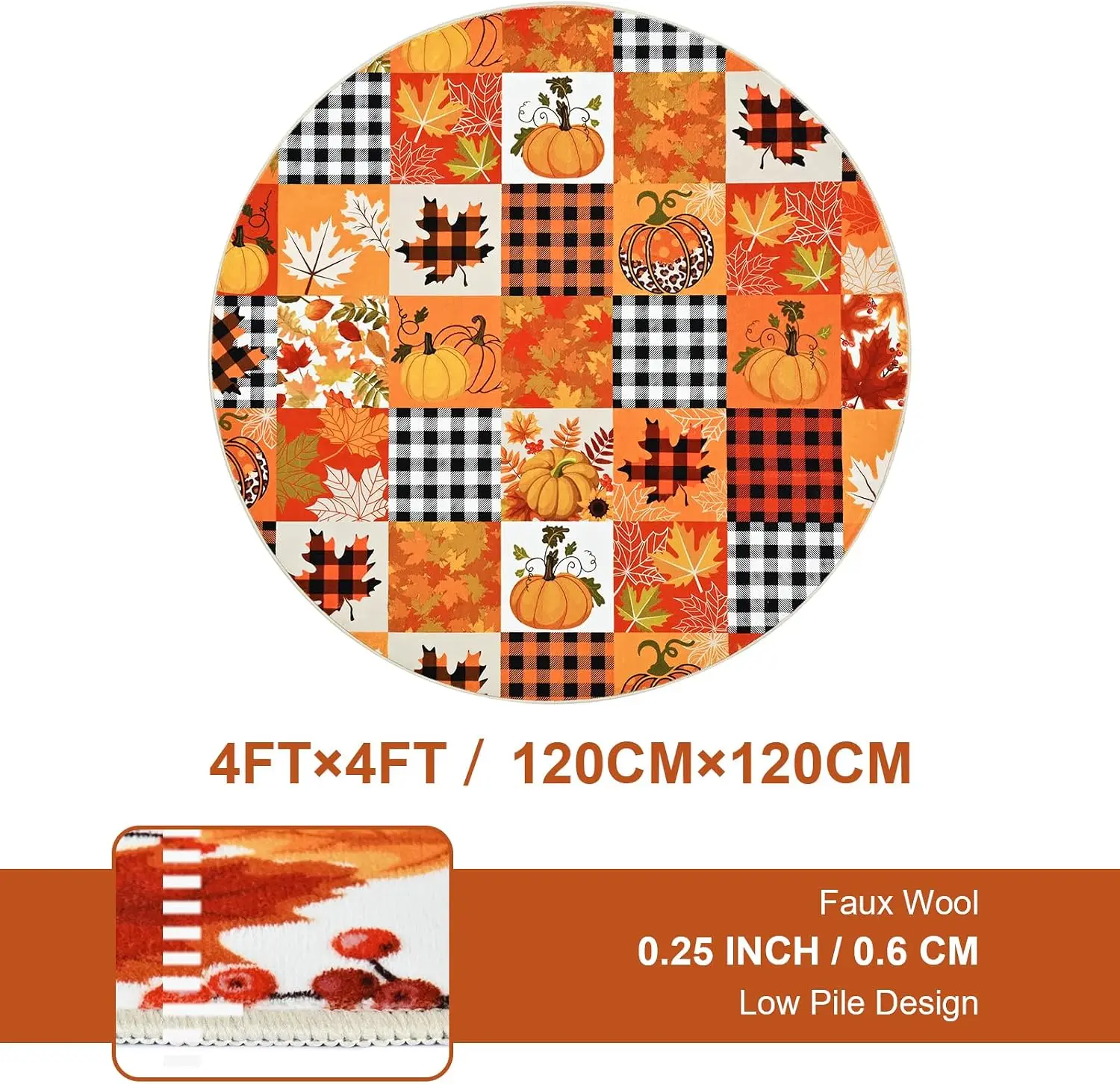 Fall Round Rug 4FT, Thanksgiving Orange Patchwork Rugs Washable Non Slip