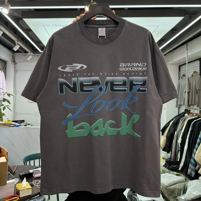 

Никогда не обращайте назад, цветная футболка с буквенным принтом, мужская и женская стираная свободная серая футболка с коротким рукавом, американская европейская уличная футболка, топы