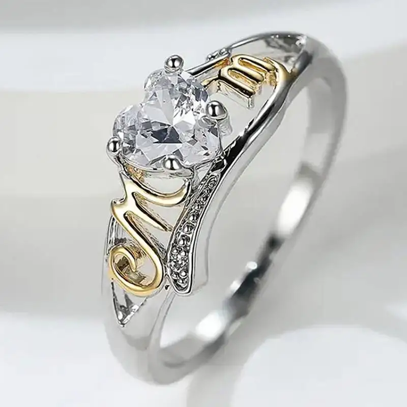 Huitan Charmanter zweifarbiger Damenring zum Muttertag, elegantes Accessoire mit eingelegtem, glänzendem Herz, CZ, Modeschmuck, Geschenk für Mama