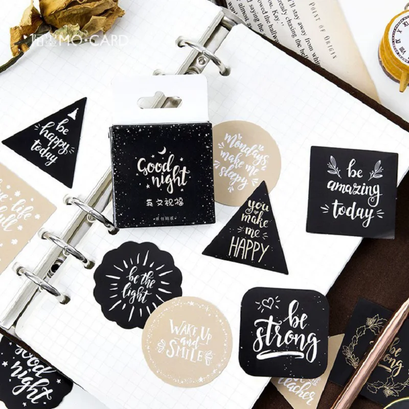 45PCS English Blessing Quote Boxed Stickers Black Gold Inspirational Text Decorative Sticker Pack DIY Craft Decoration