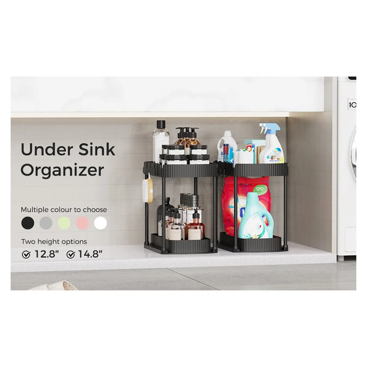 ABZJ Multi-Purpose Pull-Out Storage Organizers for Bathroom & Kitchen, Under Sink Cabinet Storage, 12.8 Inches, 2 Pack