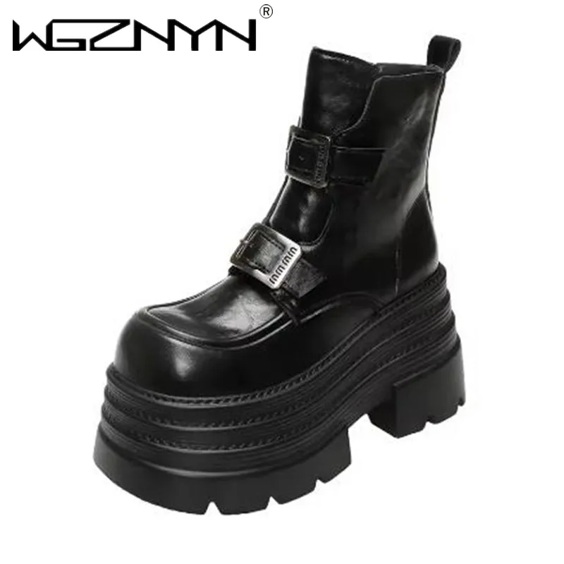 

2025 женские кожаные ботильоны, осенне-зимние кроссовки на массивном каблуке 10 см, короткие ботинки, женские мотоциклетные ботинки на молнии на высокой платформе