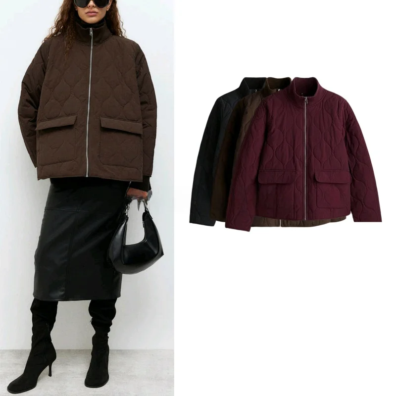 

Autumn New Style Women's High Collar Long Sleeve Casual Oversized Sewing Jacket Thin Cotton Outerwear Commute Loose Fit Zipper