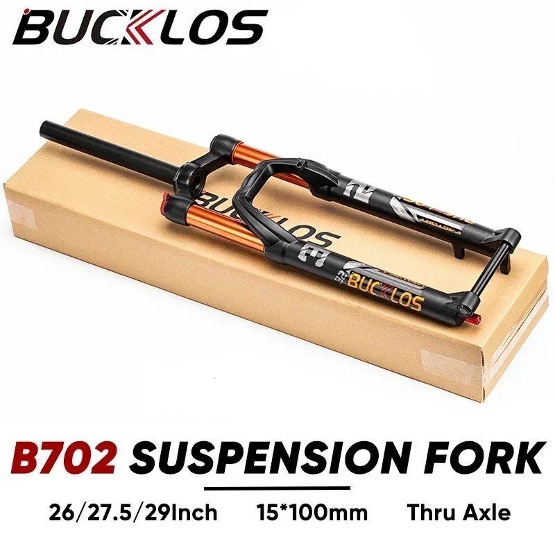 BUCKLOS Bicycle Air Fork 15*100mm Thru Axle Mountain Bike Fork 26 27.5 29Inch Air Suspension Fork 1-1/8'' Straight/Tapered Tube