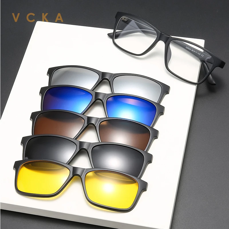 VCKA 6 In 1 Men Women Polarized Optical Magnetic Sunglasses Clip on Magnet Prescription  Myopia TR90 Glasses Frame -0.5 TO -6.0