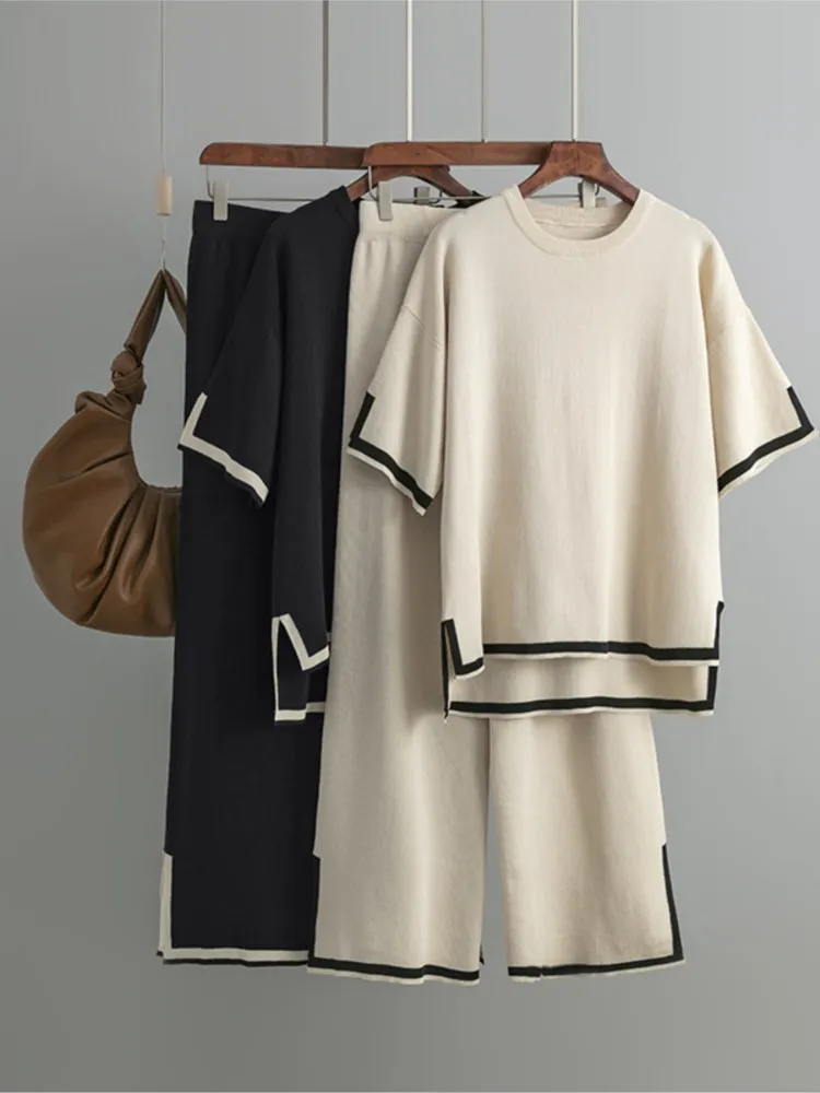 New Fashion Set Elegant Slit Short-sleeved Sweater + High-waisted Wide-leg Trousers Two-piece Set New Office Solid Casual Suit