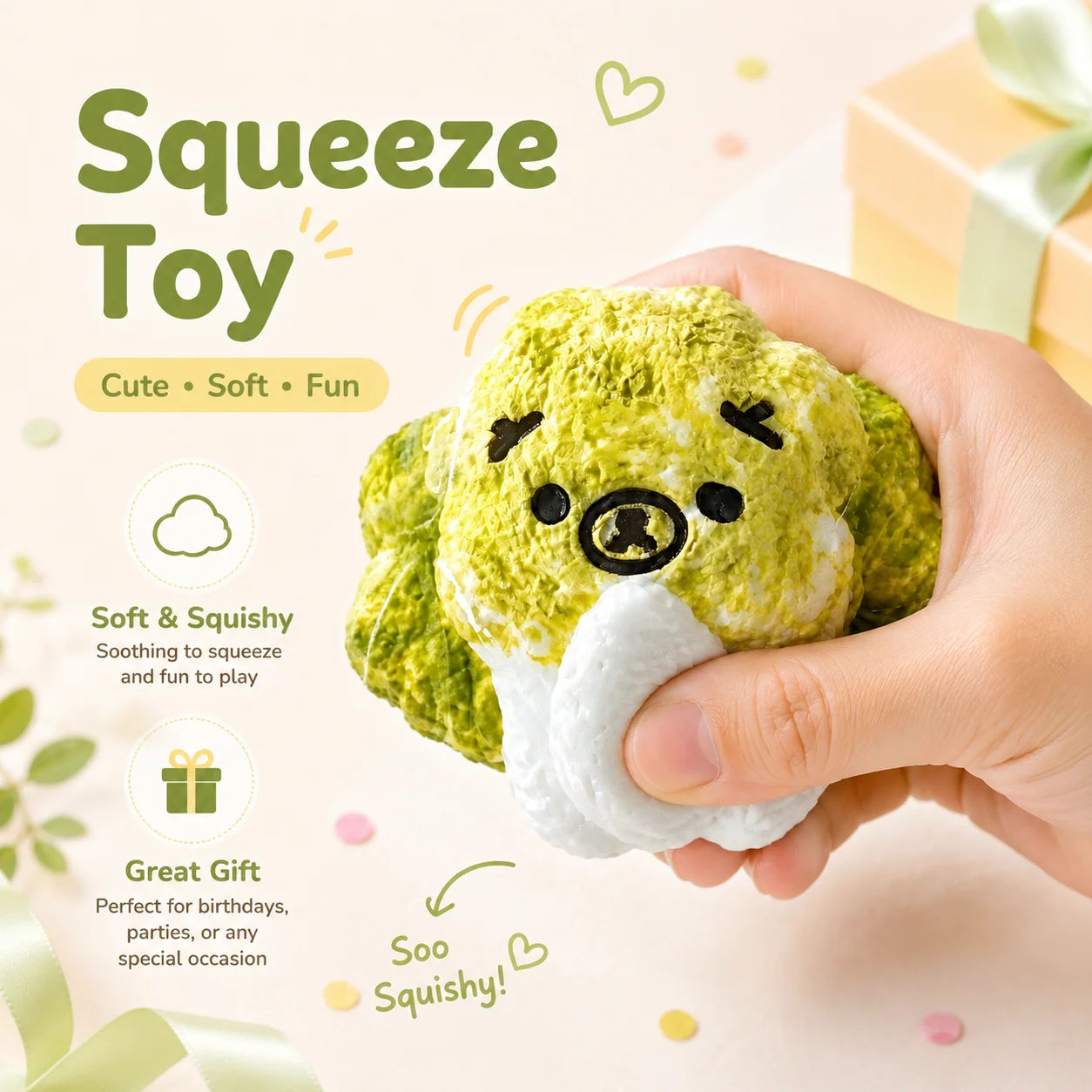 Food Grade Cabbage Shaped Cute Bear Squishy Toy Vegetable Animal Design Slow Rebound Fidget Squeeze Toy Stress Relief Toy