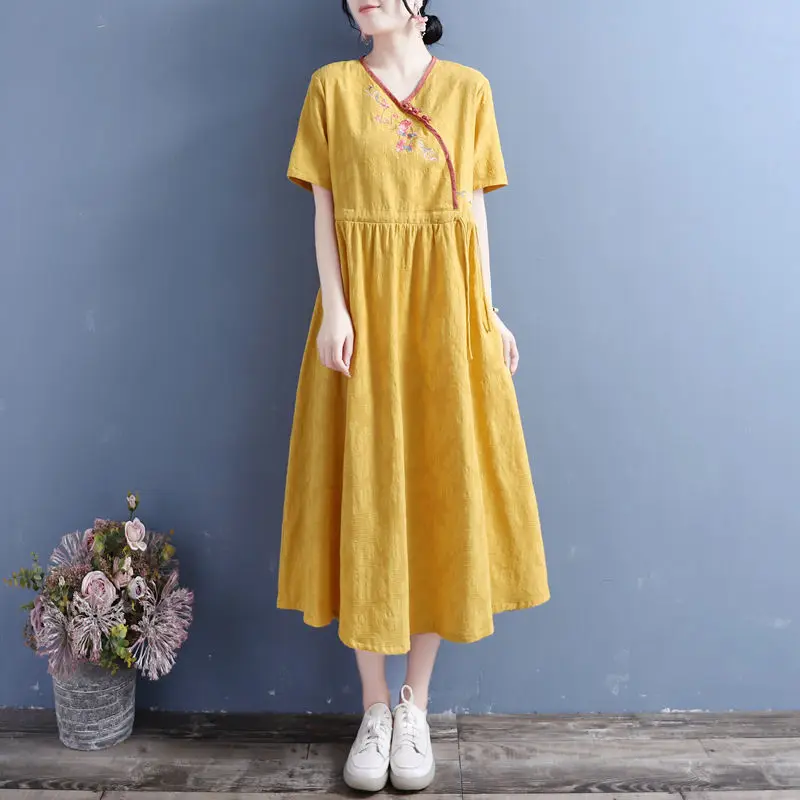 Chinese Disc Buckle V-Neck Dresses Summer New Folk Fashion Embroidery Women\'s Clothing Casual Loose A-Line Drawstring Midi Dress