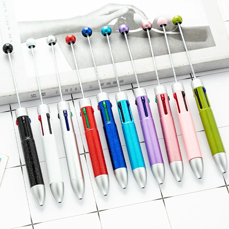 10Pcs New Diy Four-color Beaded Pens Wholesale Multi-color Plastic Ballpoint Pen Students 4 in 1 Account Pen