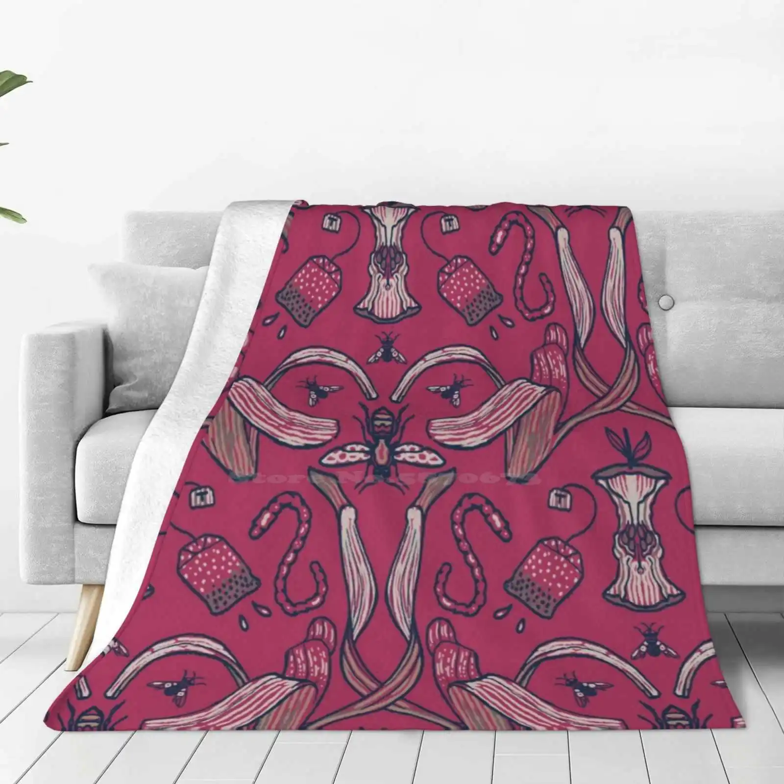 Rubbish Pattern Trend Style Funny Fashion Soft Throw Blanket Rubbish Trash Garbage Jaquard Pattern Purple Mauve Cherry Fly